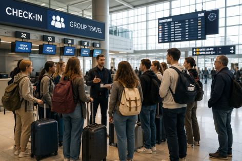 Група пътници на летището преди групово самолетно пътуване