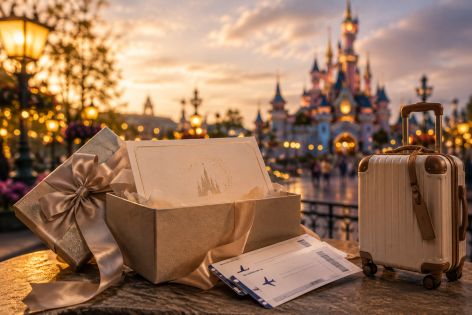 Подаръчен ваучер за пътуване до Disneyland Paris със самолетни билети и куфар
