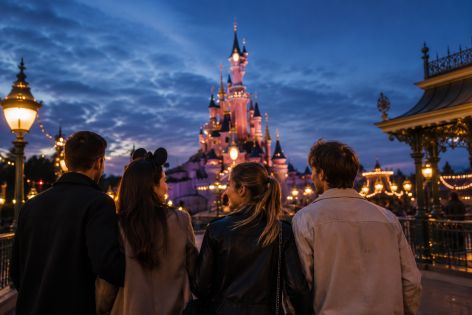 Възрастни приятели пред осветен тематичен замък – Disneyland Paris за възрастни